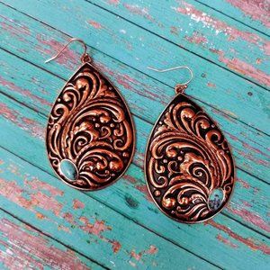 Earrings. Copper Scroll Teardrop. Turquoise Bead. Pierced.